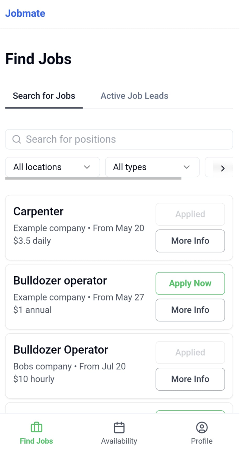 Search for Jobs tab showing job listings with Apply Now and More Info buttons