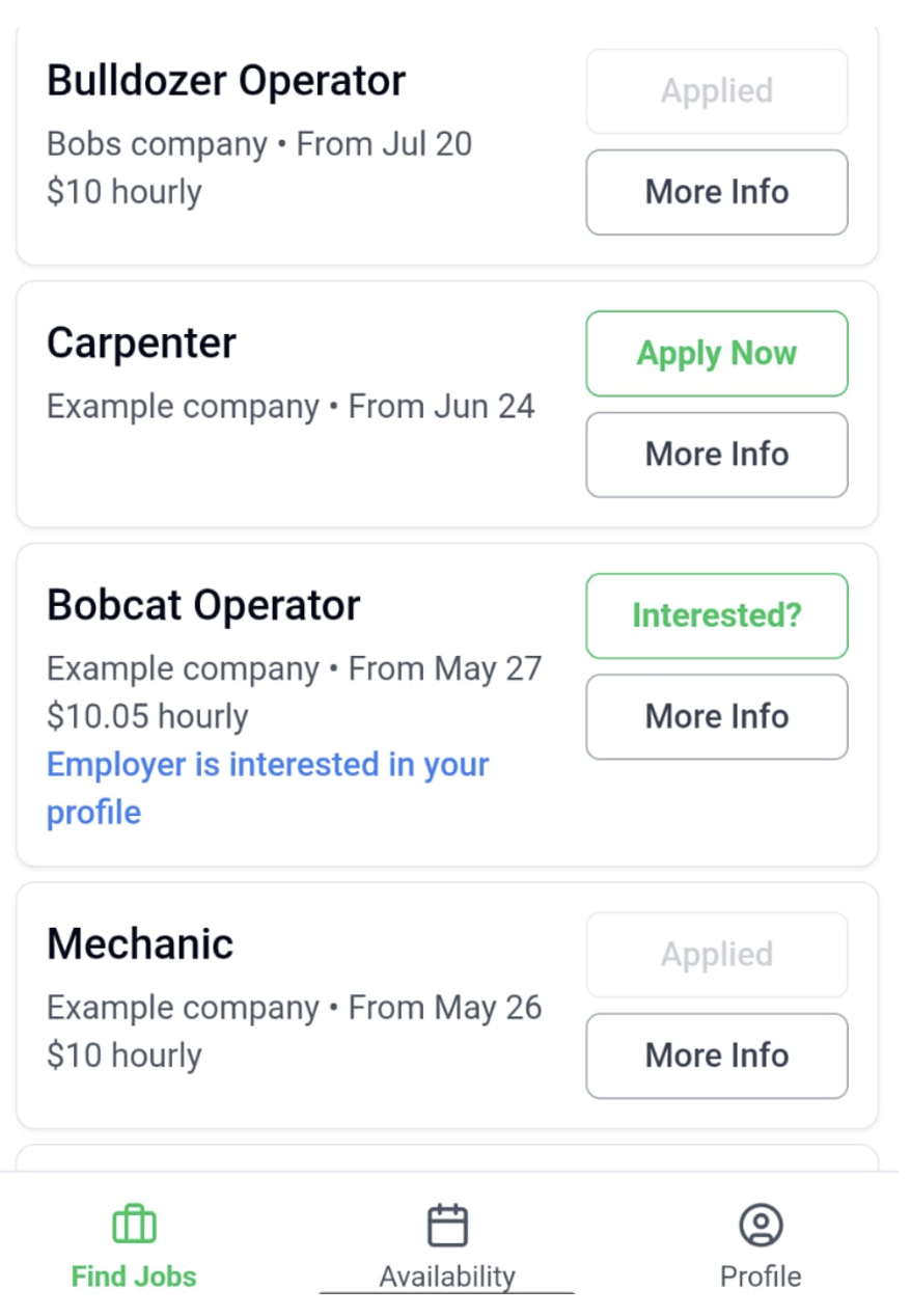 Job listing showing Interested? button for employer-initiated contact
