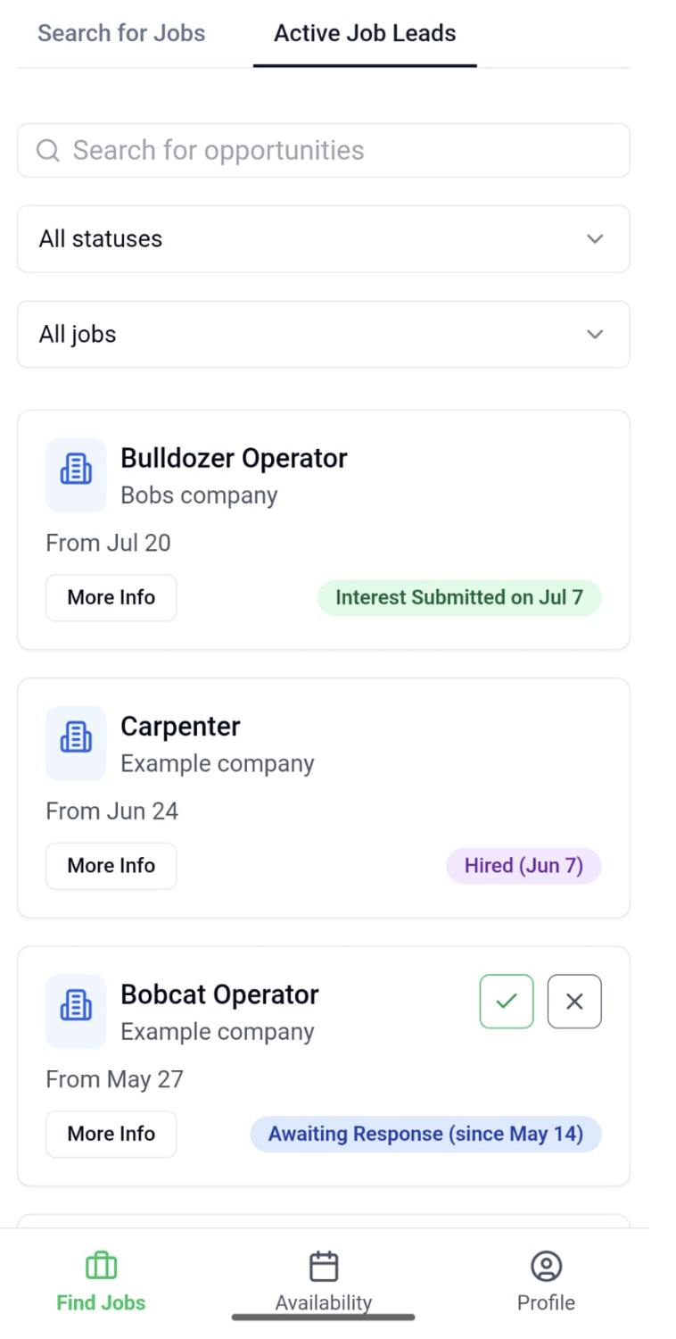 Active Job Leads tab showing job status list with filters