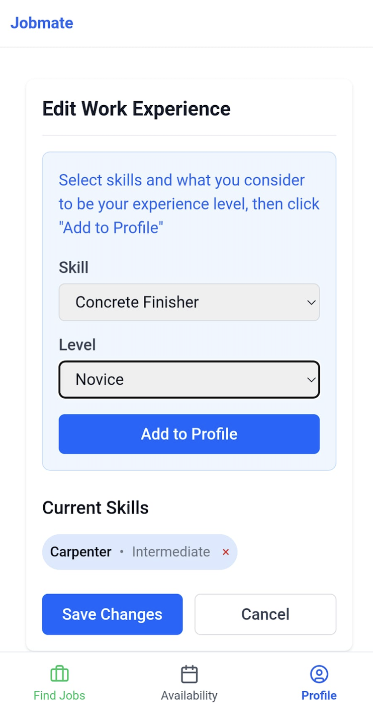 Skills selection dropdown and skill level options