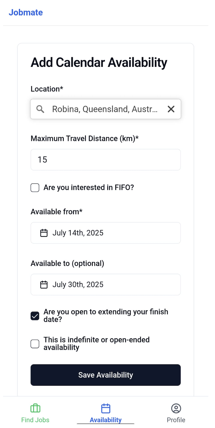 Add availability form showing location, distance, dates, and FIFO options